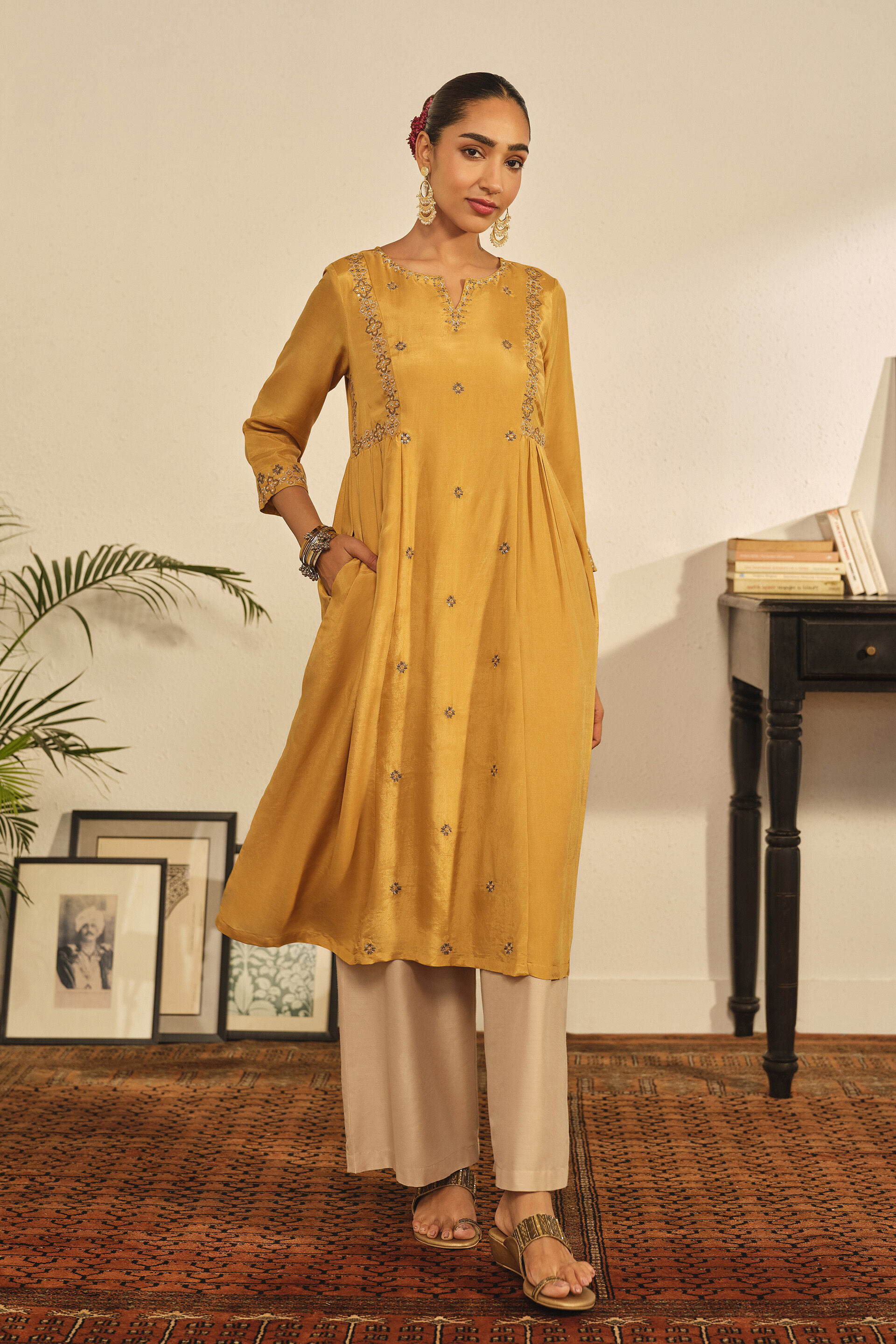 Embroidered A-line Kurta in Yellow